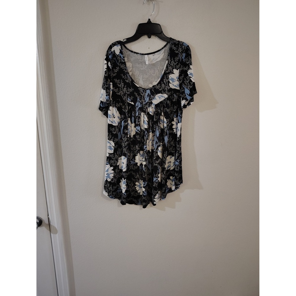 Longyuan Womens Floral Empire Waist Tunic Top Black Blue White Short Sleeve L